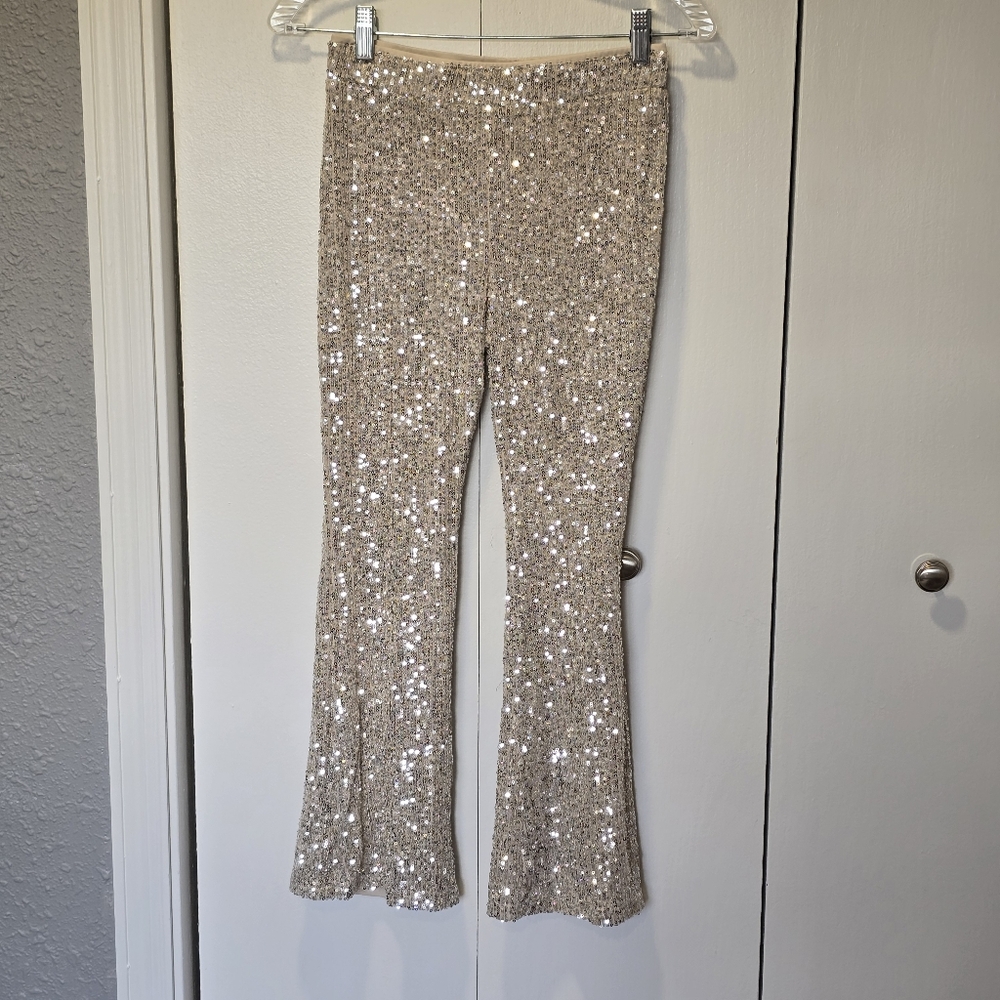 Art Class Sequin Flare Pants in Cream Gold